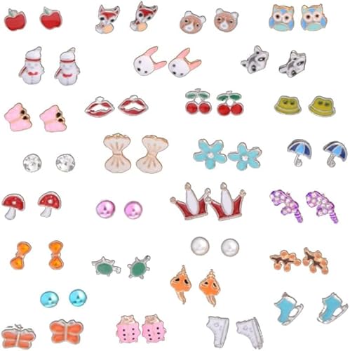 TOFBS 30 Paar Niedliche Tier Ohrstecker Set Kinder Mädchen Schmuck Bunte Ohrringe Apfel Fuchs Eule Schmetterling Krone Blume Motiv Stecker von TOFBS