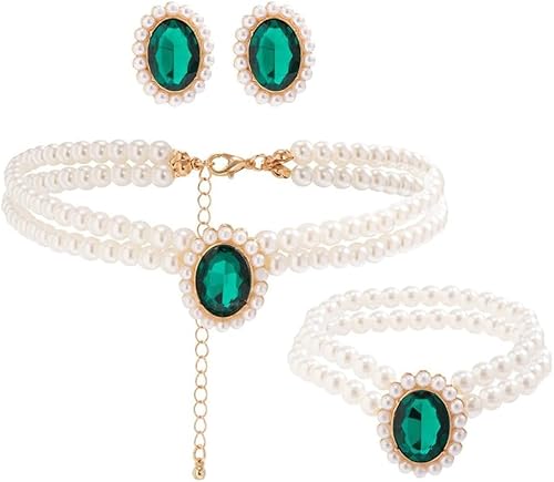 TOFBS 3PCS Perlen Schmuck Damen Smaragd Anhänger Halskette Armband Ohrringe Set Perlen Perlenkette Hochzeit Schmuck für Frau Freundin Braut Mutter Tochter Geschenk Grün von TOFBS