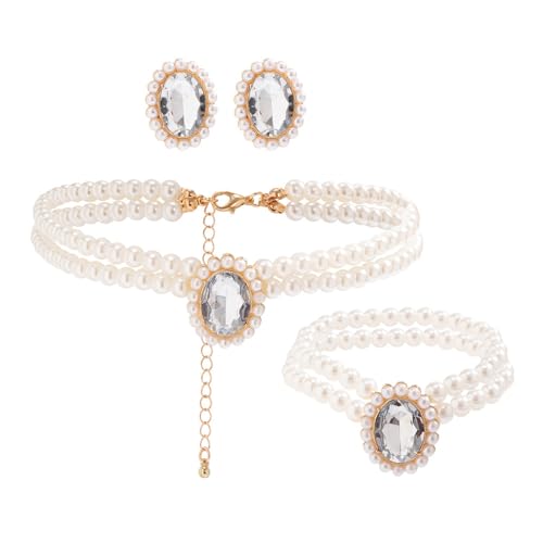 TOFBS 3PCS Perlen Schmuck Damen Smaragd Anhänger Halskette Armband Ohrringe Set Perlen Perlenkette Hochzeit Schmuck für Frau Freundin Braut Mutter Tochter Geschenk Weiß von TOFBS