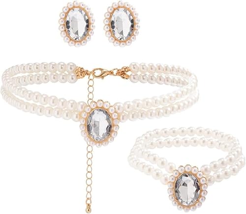 TOFBS 3PCS Perlen Schmuck Damen Smaragd Anhänger Halskette Armband Ohrringe Set Perlen Perlenkette Hochzeit Schmuck für Frau Freundin Braut Mutter Tochter Geschenk Weiß von TOFBS