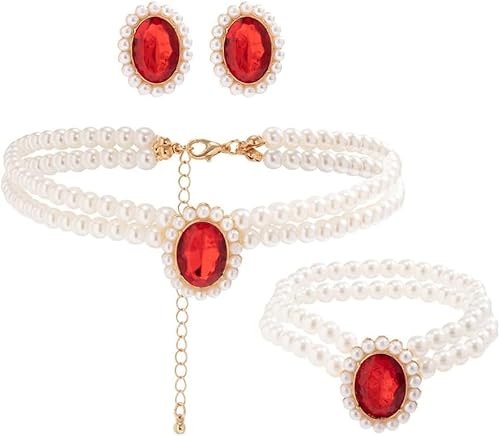 TOFBS 3PCS Perlen Schmuck Damen Smaragd Anhänger Halskette Armband Ohrringe Set Perlen Perlenkette Hochzeit Schmuck für Frau Freundin Braut Mutter Tochter Geschenk rot von TOFBS