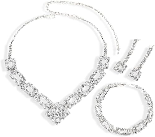 TOFBS 3 Stück Geometrisch Quadrat Strass Schmuckset Halskette Armband Ohrringe Damen Glänzend Elegant Hochwertig von TOFBS