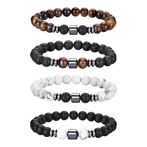 TOFBS 4 Stück Armbänder Set Herren Tigerauge Armband Naturstein Perlen Armreif Achat Elastische Armbänder Schmuck Armband Set für Männer (Set C) von TOFBS