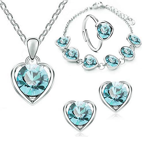 TOFBS 4 Stück Herz Kristall Schmuck Set Anhänger Halskette Armband Ohrringe und Ringe Set für Frauen Mädchen Brautschmuck Set Schmuckset (Meeresblau) von TOFBS