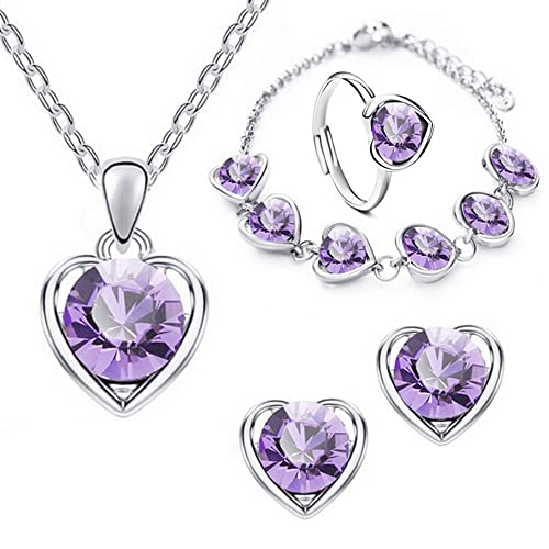 TOFBS 4 Stück Herz Kristall Schmuck Set Anhänger Halskette Armband Ohrringe und Ringe Set für Frauen Mädchen Brautschmuck Set Schmuckset (Violett) von TOFBS