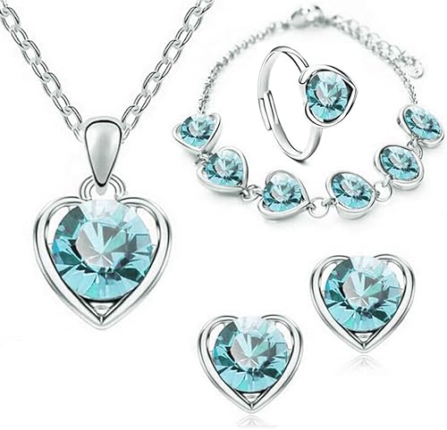 TOFBS 4 Stück Herz Kristall Schmuck Set Anhänger Halskette Armband Ohrringe und Ringe Set für Frauen Mädchen Brautschmuck Set Schmuckset (Violett) von TOFBS