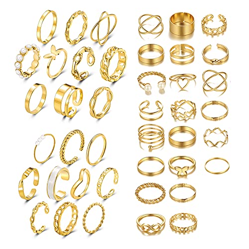 TOFBS 42 Stück Vintage Gold Knöchel Ringe Set für Frauen Mädchen Boho Offene Stapelbare Ringe Set Midi Ringe Perle Schmetterling Herz Fingerringe Set von TOFBS