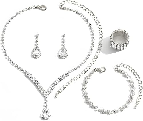 TOFBS 4 Stück Tropfenform Kristall Schmuckset Halskette Ohrringe Armband Elastischer Ring Strass Brautschmuck Hochzeitsschmuck Damenschmuck von TOFBS