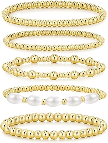 TOFBS 5 Stück Armband Set Damen Stapelbare Perlenarmband Gold Perlen Armband Schmuck Set für Brautjungfer HochzeitSet(Set B) von TOFBS
