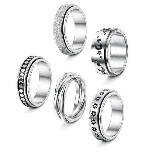 TOFBS 5 Stück Edelstahl Spinner Ringe für Damen Herren Zappel Band Ringe Mond Stern Blume Dreifach Verriegelter Rollring Sandstrahl Finish Fidget Ringe für Stressabbauende Hochzeitsversprechen (62) von TOFBS