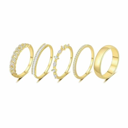 TOFBS 5 Stück Elegante Stapelbare Zirkonia Ringe Set 14k Gold Plattiert Glänzende Kristall Schmuck Damenringe Kombination Hochwertige Schmuckstücke von TOFBS