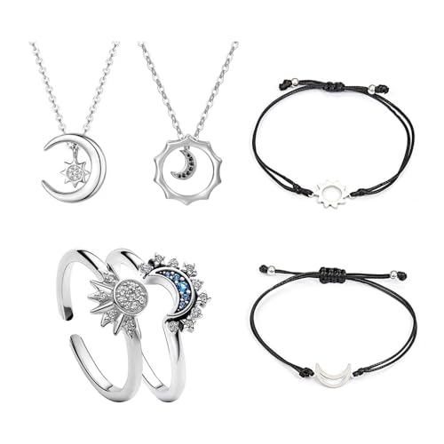 TOFBS 6 Stück Schmuck Set Sonne Und Mond Ringe Halskette Armbänder Set Vergoldete Silber Cubic Zirkonia Matching Rings Sonne Mond Kette Geschenk für Damen Freundschafts SETC von TOFBS