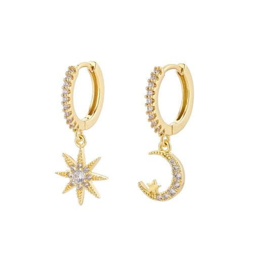 TOFBS 925 Silver Earrings For Women Cubic Zirconia Star And Moon Dangle Huggie Hoop 14k Gold Plated Hypoallergenic with Sparkling Element Crystal Teen Girls Jewellery Gifts Gold von TOFBS