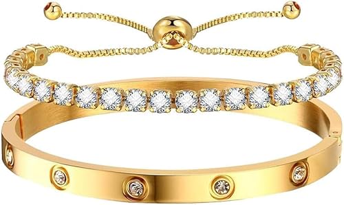 TOFBS Armband Damen 2 Pcs Elegantes Luxus Set Zeitlose Modearmbänder Verstellbare Passform Ideal für Den Alltag Oder Besondere AnläSse Perfektes Geschenk（Kombipaket） von TOFBS