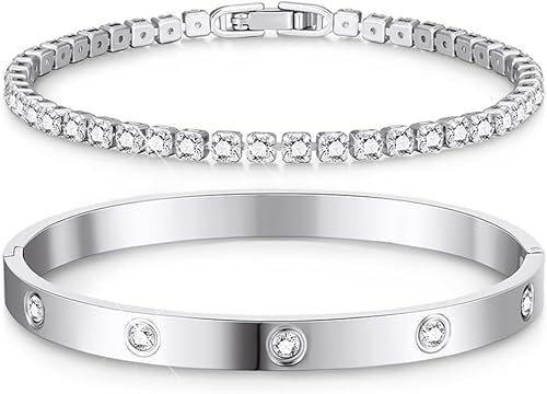 TOFBS Armband Damen 2 Pcs Elegantes Luxus Set Zeitlose Modearmbänder Verstellbare Passform Ideal für Den Alltag Oder Besondere AnläSse Perfektes Geschenk（Silber） von TOFBS