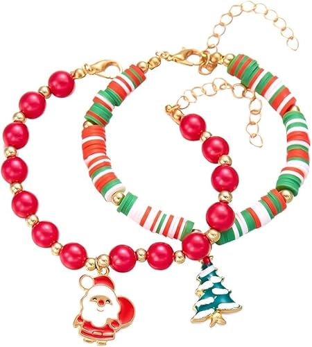 TOFBS Armband Damen Weihnachten Festliche 2er Set Weihnachtsarmreifen im Bunte Perlen und Santa Claus Charmanten Anhänger Ideal für Festlichen Anlass（#2） von TOFBS