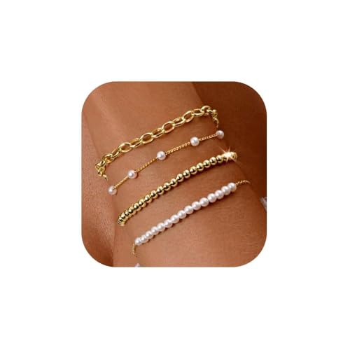 TOFBS 5 Stück Armband Set Kugelkette Perlenarmband Gliederkette 14k Vergoldet Dehnbar Damenarmband Schmuckset Hochwertig Elegant von TOFBS