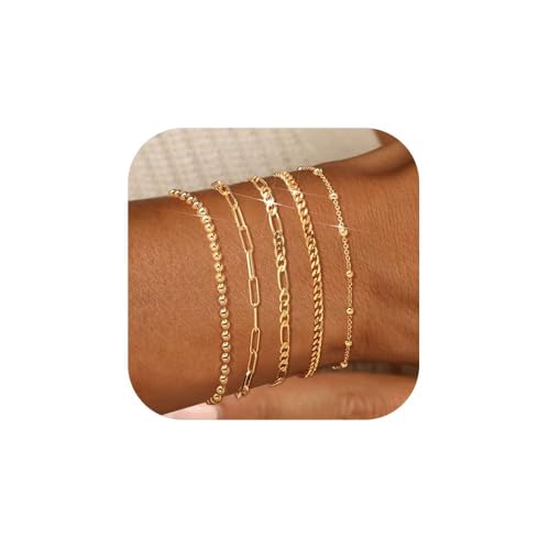 TOFBS 5 Stück Armband Set Kugelkette Perlenarmband Gliederkette 14k Vergoldet Dehnbar Damenarmband Schmuckset Hochwertig Elegant von TOFBS