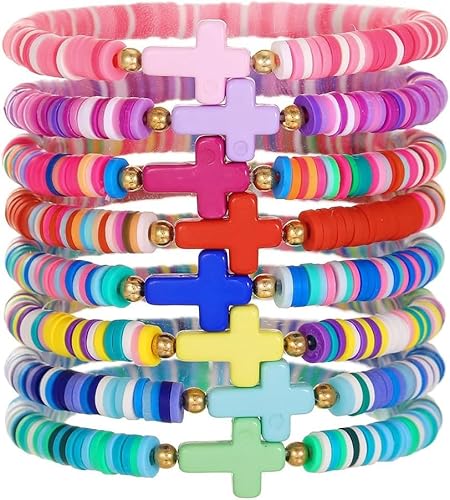 TOFBS 14 Stück Bunte Polymer Clay Perlen Armbänder Set Friedenszeichen Herz Symbol Schmuck Armband Kollektion Handgemachte Armkette von TOFBS