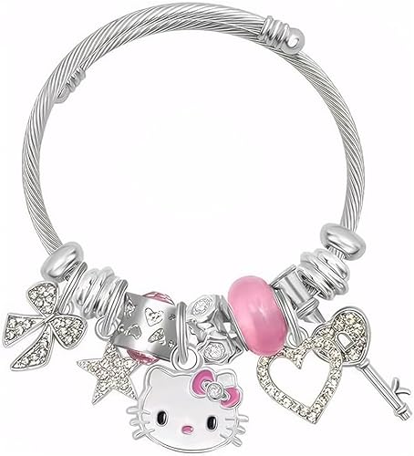 TOFBS Niedliches Kabelarmband Silber Charm Armreif Edelstahl Anhänger Schmuck Damen Mädchen Katzendesign Schleife Stern Herz Schlüssel Rosa Kristall von TOFBS