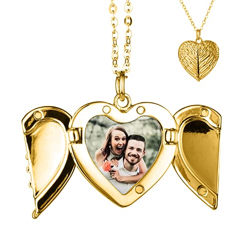 TOFBS Bilder Medaillon zum öffnen mit Kette Herz Engelsflügel Damen Personalisierte Halskette Amulett Anhänger mit Foto Schmuck (Gold) von TOFBS