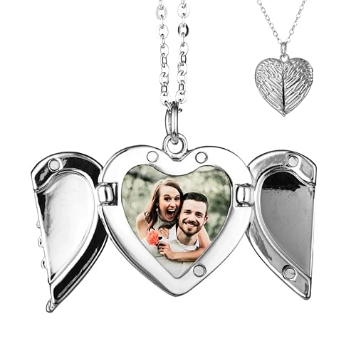 TOFBS Bilder Medaillon zum öffnen mit Kette Herz Engelsflügel Damen Personalisierte Halskette Amulett Anhänger mit Foto Schmuck (Silber) von TOFBS