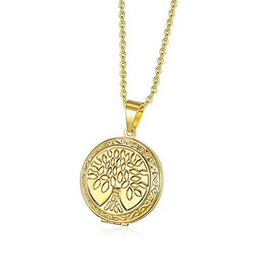 TOFBS Bilder Medaillon zum öffnen mit Kette Rund Blume Damen Herren Halskette Edelstahl Amulett Anhänger mit foto Schmuck (Gold*Lebensbaum) von TOFBS