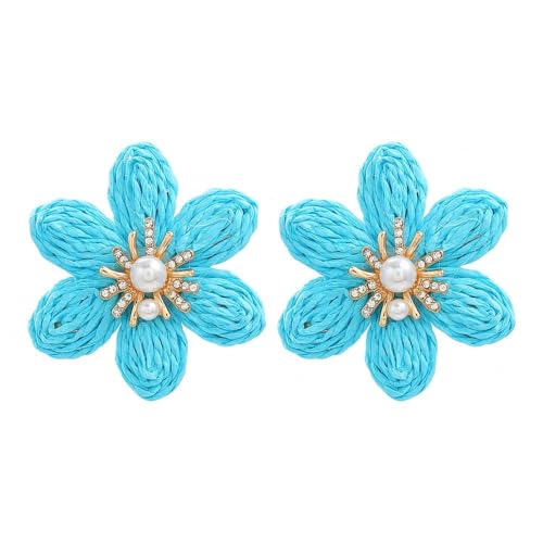TOFBS Blumenförmige Raffia Ohrringe Stroh Perlen Kristall Schmuck Handgefertigt Damen Ohrschmuck Sommer Accessoires von TOFBS