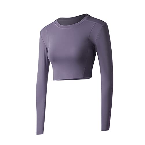 TOFBS Damen Crop Top Langarm Sportshirt Sexy Sport Oberteil Bauchfrei Sommer Laufshirt Funktionsshirt Atmungsaktiv Leicht Yoga Fitness Shirts Schnelle Trockene Sporttop (XL, Violett) von TOFBS