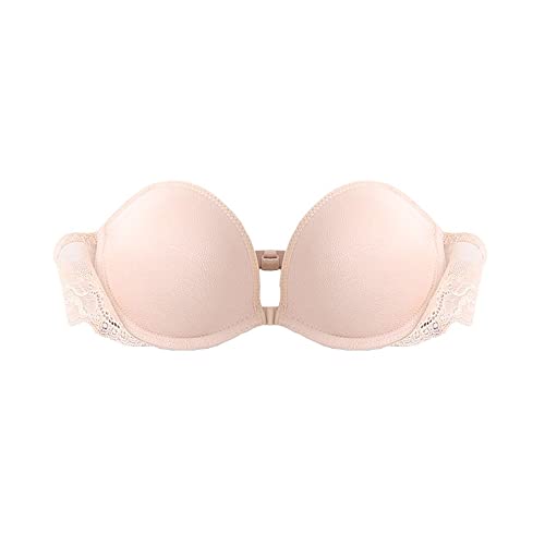 TOFBS Damen Trägerloser BH Bügel Bandeau BH mit Vorderer Schnalle Spitze Rückenfrei BH Push Up Rutschfester Unsichtbarer BH Gepolstert Nahtloser Bralette (Beige,L) von TOFBS