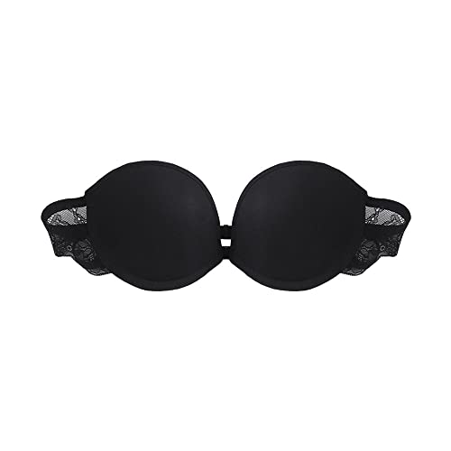 TOFBS Damen Trägerloser BH Bügel Bandeau BH mit Vorderer Schnalle Spitze Rückenfrei BH Push Up Rutschfester Unsichtbarer BH Gepolstert Nahtloser Bralette (Schwarz,L) von TOFBS