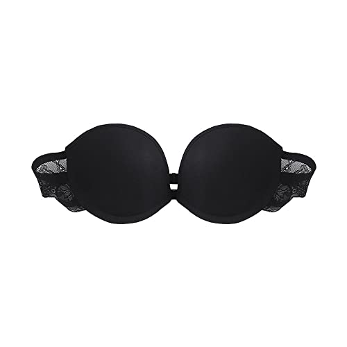 TOFBS Damen Trägerloser BH Bügel Bandeau BH mit Vorderer Schnalle Spitze Rückenfrei BH Push Up Rutschfester Unsichtbarer BH Gepolstert Nahtloser Bralette (Schwarz,XL) von TOFBS