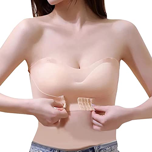 TOFBS Damen Trägerloser BH Ohne Bügel Bandeau BH mit Vorderer Schnalle Push Up Rutschfester Unsichtbarer BH mit Abnehmbare Träger (Beige,XL) von TOFBS