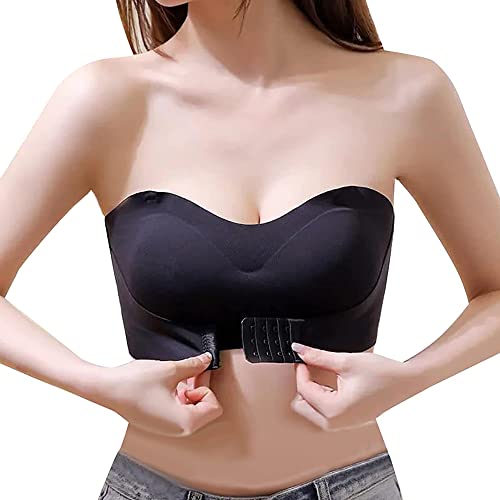 TOFBS Damen Trägerloser BH Ohne Bügel Bandeau BH mit Vorderer Schnalle Push Up Rutschfester Unsichtbarer BH mit Abnehmbare Träger (Schwarz,L) von TOFBS