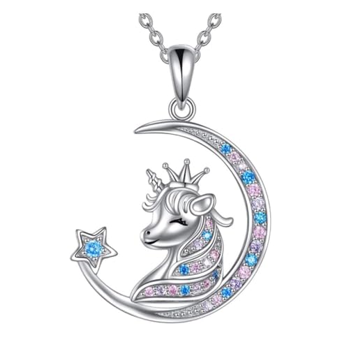 TOFBS Mond Einhorn Kette Silber Anhänger Halskette Kristall Schmuck Mädchen Prinzessin Krone Stern Pferd Jugendzimmer Deko Accessoire von TOFBS