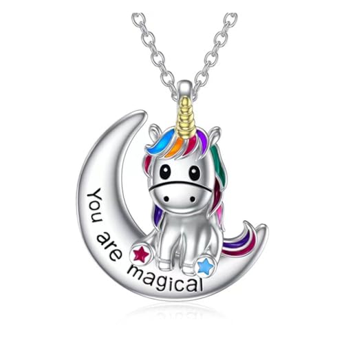 TOFBS Einhorn Halskette Damen Silber Bunte Zirkon Pferde Halbmond Anhänger Kette Freundschaft Necklace Einhorn Schmuck Geschenke Für Mädchen Kinder Mutter Tochter SilberD von TOFBS