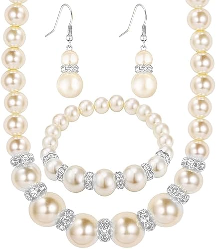 TOFBS Elegante Perlen Schmuckset Halskette Armband Ohrringe Kristall Strass Damen Brautschmuck Hochwertige Perlenkette Klassische Schmuckkombination von TOFBS