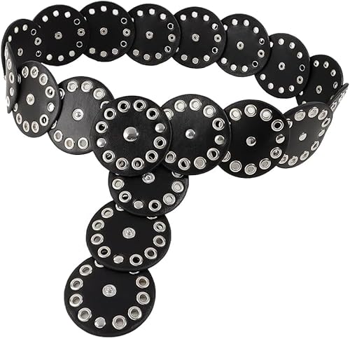 TOFBS Gürtel für Damen Vintage Mode Runde Scheibe Hakenverschluss Ledergürtel Durchbrochener Metall Verstellbarer Gürtel Western Cowgirl Breiter(Silber) von TOFBS