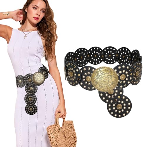 TOFBS Gürtel für Damen Vintage Mode Runde Scheibe Hakenverschluss Ledergürtel Western Cowgirl Breiter Elastischer Verstellbare Taillengürtel Durchbrochener Metal Schnalle Belt(Gold) von TOFBS