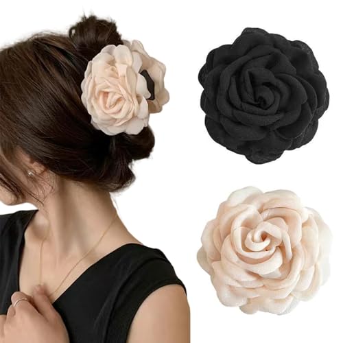 TOFBS Haarklammer 2 Stück Rosen Krallenclips Damen Rutschfeste Haar Haarklammern Starker Halt Styling Accessoires Blumen Klammer für Frauen Mädchen Geschenke（Schwarz + Beige） von TOFBS