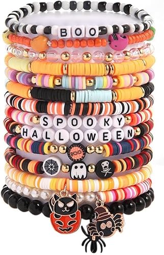 TOFBS Halloween Armbänder Set Charm Armband Elastisch Stapelbare Schmuck Set Kürbissen Spinnen Armreif für Freunde Familie Party(14 Stück A) von TOFBS