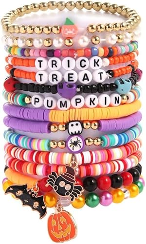 TOFBS Halloween Armbänder Set Charm Armband Elastisch Stapelbare Schmuck Set Kürbissen Spinnen Armreif für Freunde Familie Party(14 Stück B) von TOFBS