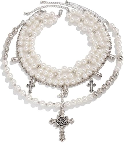 TOFBS Mehrschichtiges Perlenkette Set Kreuz Anhänger Halskette Vintage Rosenmuster Schmuck Damen Religiöser Schmuck Mehrreihig von TOFBS