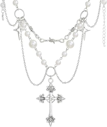 TOFBS Mehrschichtiges Perlenkette Set Kreuz Anhänger Halskette Vintage Rosenmuster Schmuck Damen Religiöser Schmuck Mehrreihig von TOFBS