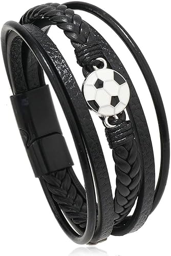 TOFBS Fussball Geschenke Jungen Armband Fußball Magnetarmband Armbänder Leder Geflochten Echtleder mit Magnet Verschluss Schmuck Kinder Geburtstagsgeschenk für Jungs Sohn Enkel Neffe Bruder (19CM) von TOFBS