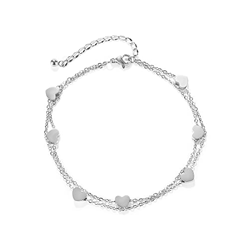 TOFBS Herz Fußkettchen für Frauen und Mädchen Geschichtet Edelstahl Versilbert/Rosevergoldet Verstellbare Charme Herz Fußkette Boho Strand Fuß Schmuck (Silver) von TOFBS