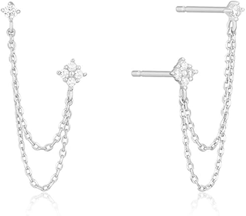 TOFBS Kette Ohrstecker 925 Sterling Silber Ohrringe mit Cubic Zirkonia Quaste Kette Ohrringe Hypoallergene für Frauen Damen Empfindliche Ohren(Silber) von TOFBS