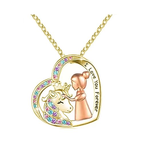 TOFBS Mädchen und Pferd Halskette Herz Anhänger Halskette Damen Schmuck Geschenke für Mädchen Geburtstags für Kinder Frauen Mutter Freundin (Gold#1) von TOFBS