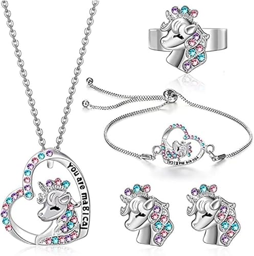 TOFBS 4 Stück Einhorn Schmuckset Mädchen Halskette Armband Ring Ohrringe Kristall Herz Anhänger Schmuck Kinder Jugendzimmer Accessoires Prinzessin Kollektion von TOFBS
