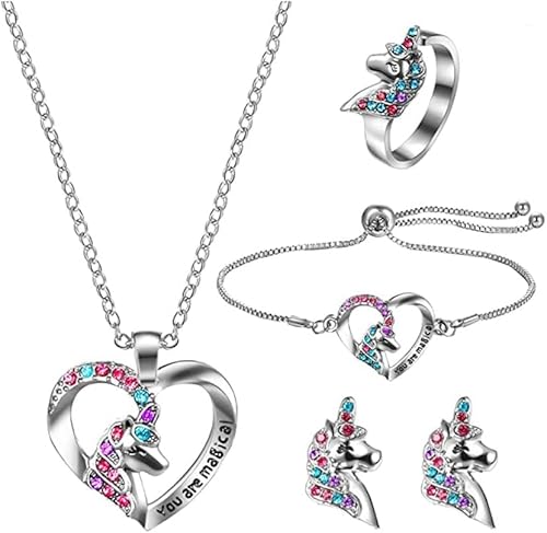 TOFBS 4 Stück Einhorn Schmuckset Mädchen Halskette Armband Ring Ohrringe Kristall Herz Anhänger Schmuck Kinder Jugendzimmer Accessoires Prinzessin Kollektion von TOFBS